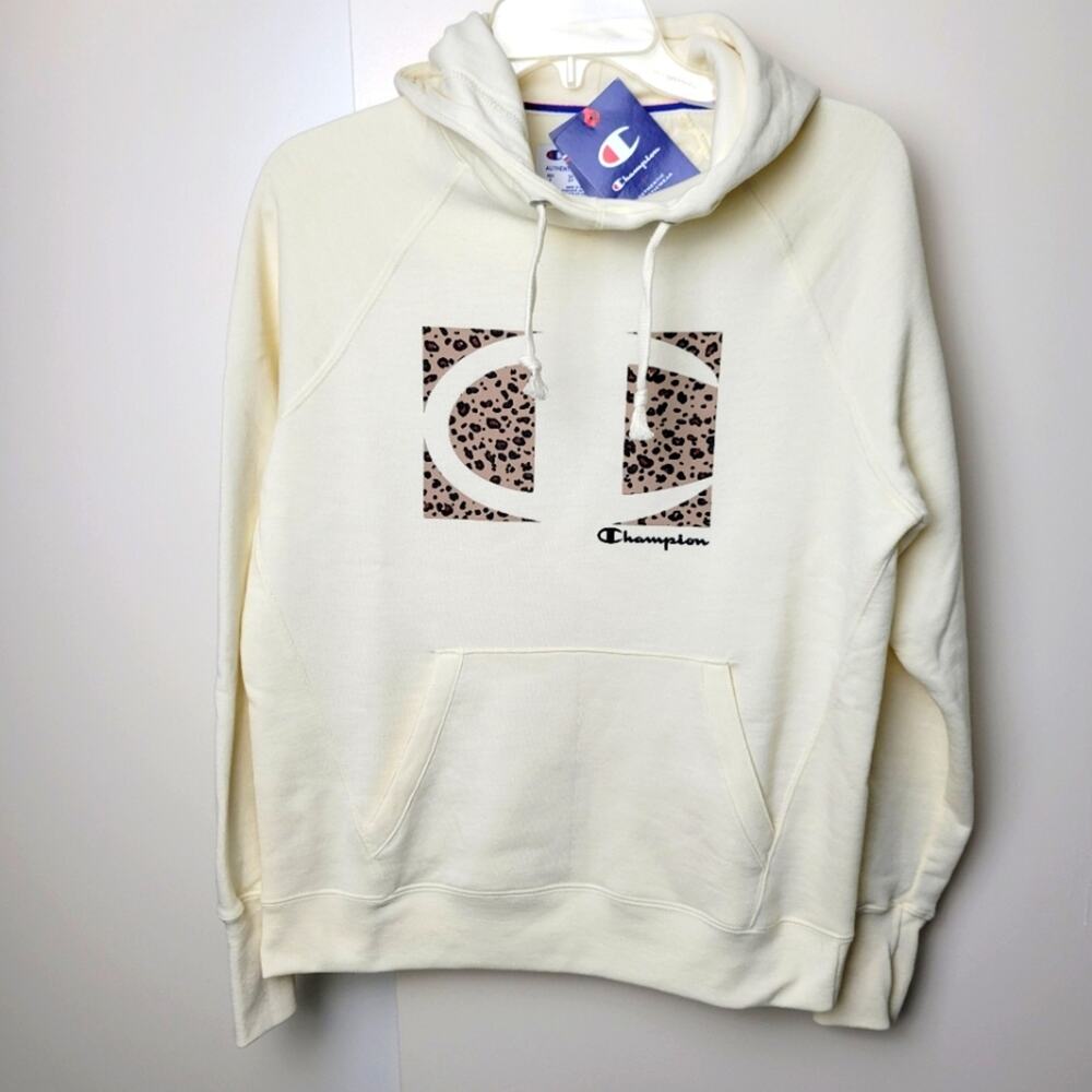 Champion NWT Hoodie Sweater Cream Women's Size Small Leopard Cheetah Print